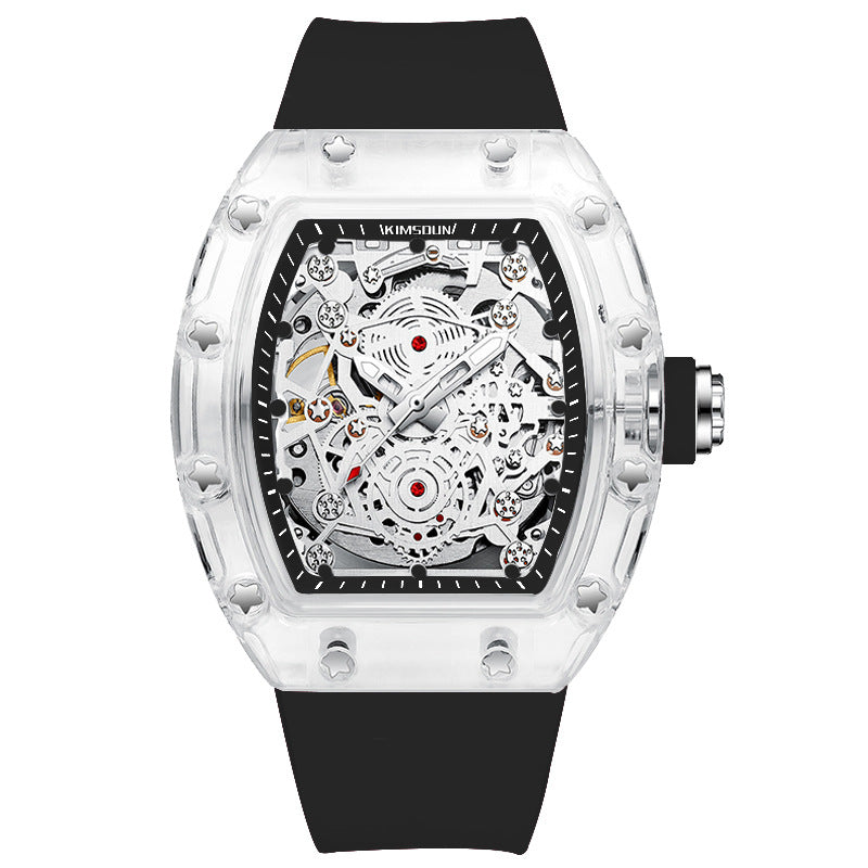 Fashion Hollowed Men Watches Tonneau Transparent Analog Display Silicone Strap Calendar Quartz Waterproof Trend Male Wrist Watch